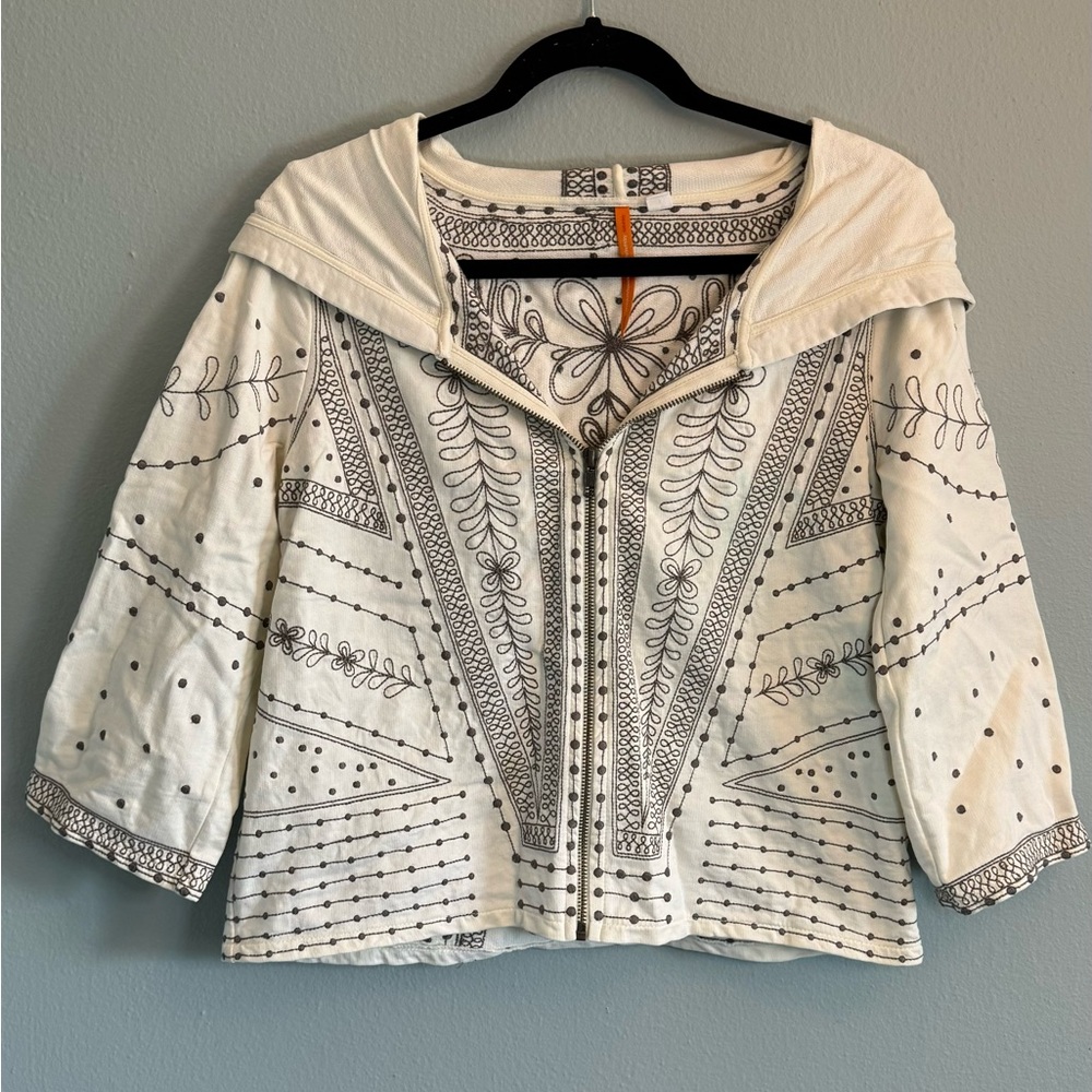 Anthropologie White Cream Embroidered Zip-Front Hooded Jacket